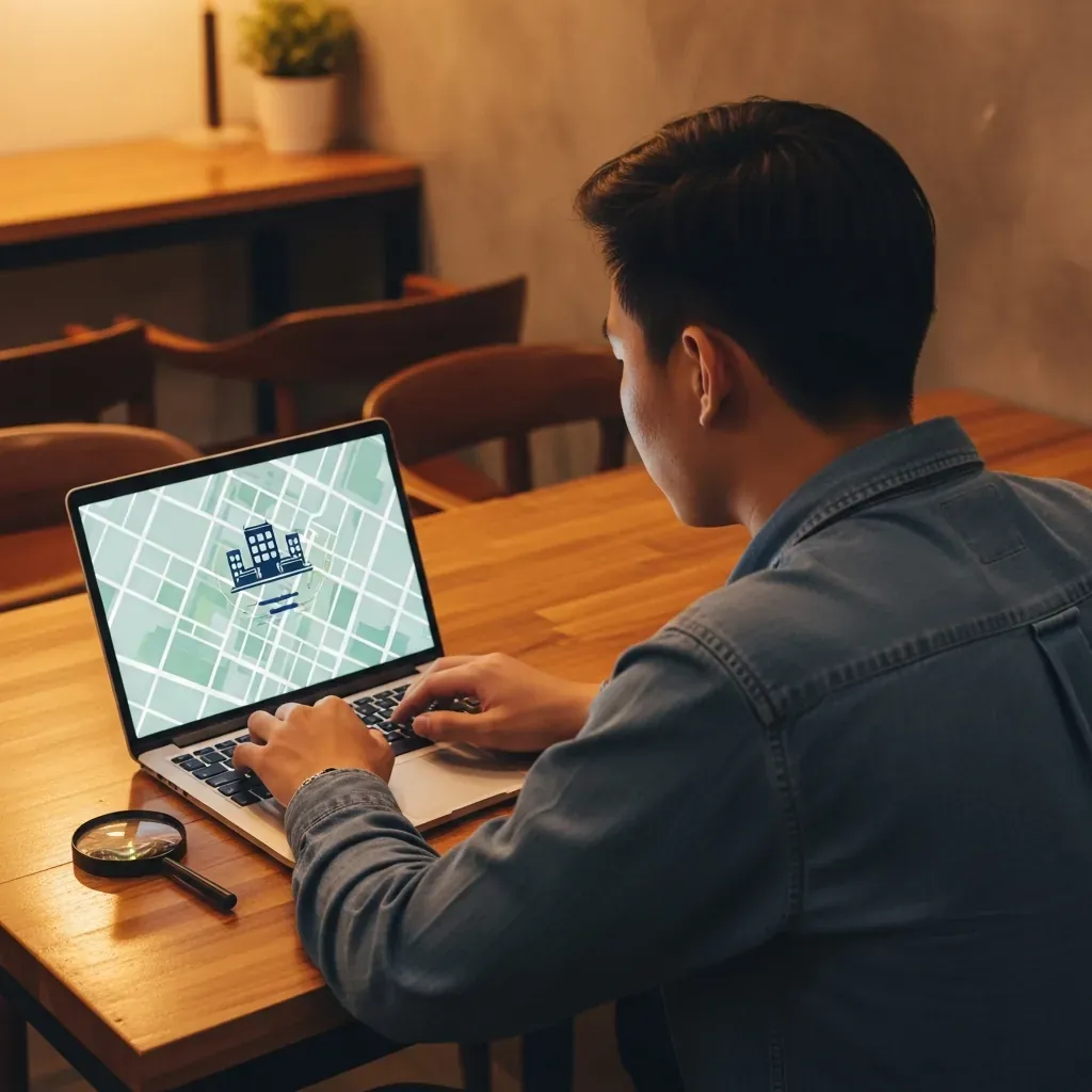 Người đàn ông Việt Nam đang kiểm tra thông tin khách sạn trên laptop tại quán cà phê Đà Lạt.