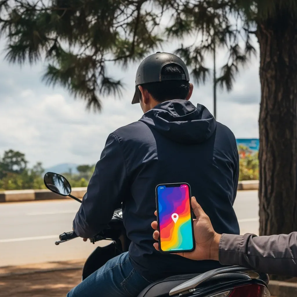 Người đàn ông Việt ngồi trên xe máy xem bản đồ trên điện thoại ở Đà Lạt.