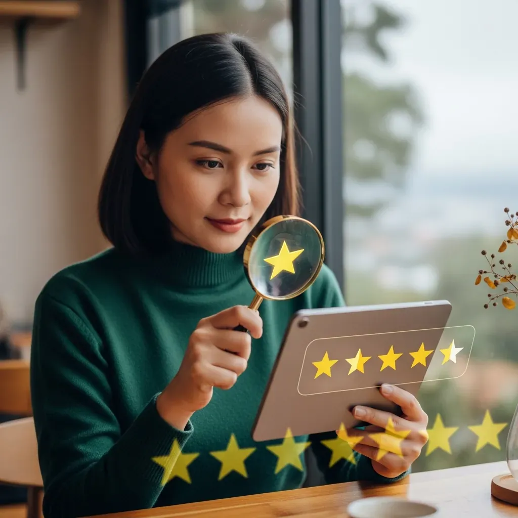 Người phụ nữ Việt soi kính lúp vào màn hình máy tính bảng có biểu tượng sao đánh giá.