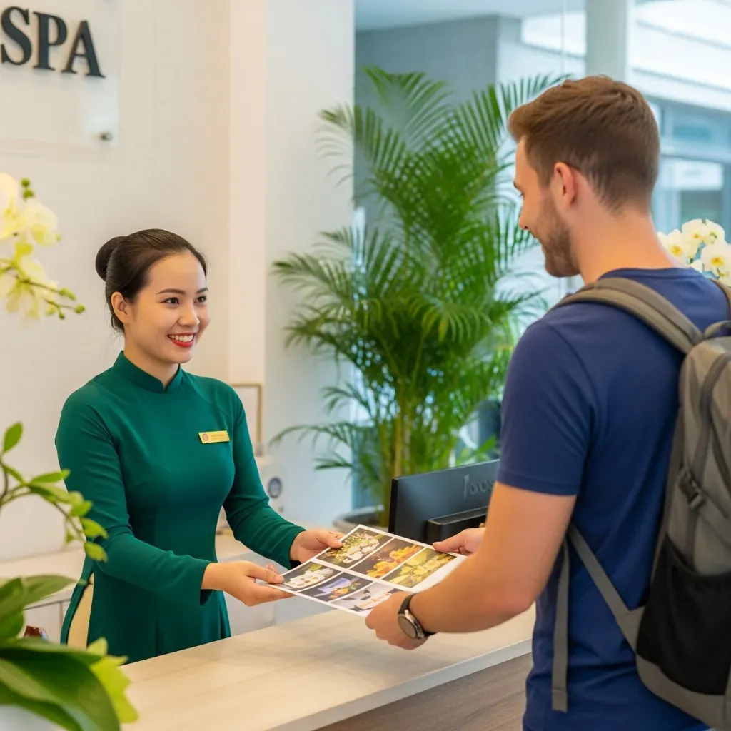 Khách du lịch nước ngoài được nhân viên spa Việt Nam chào đón.