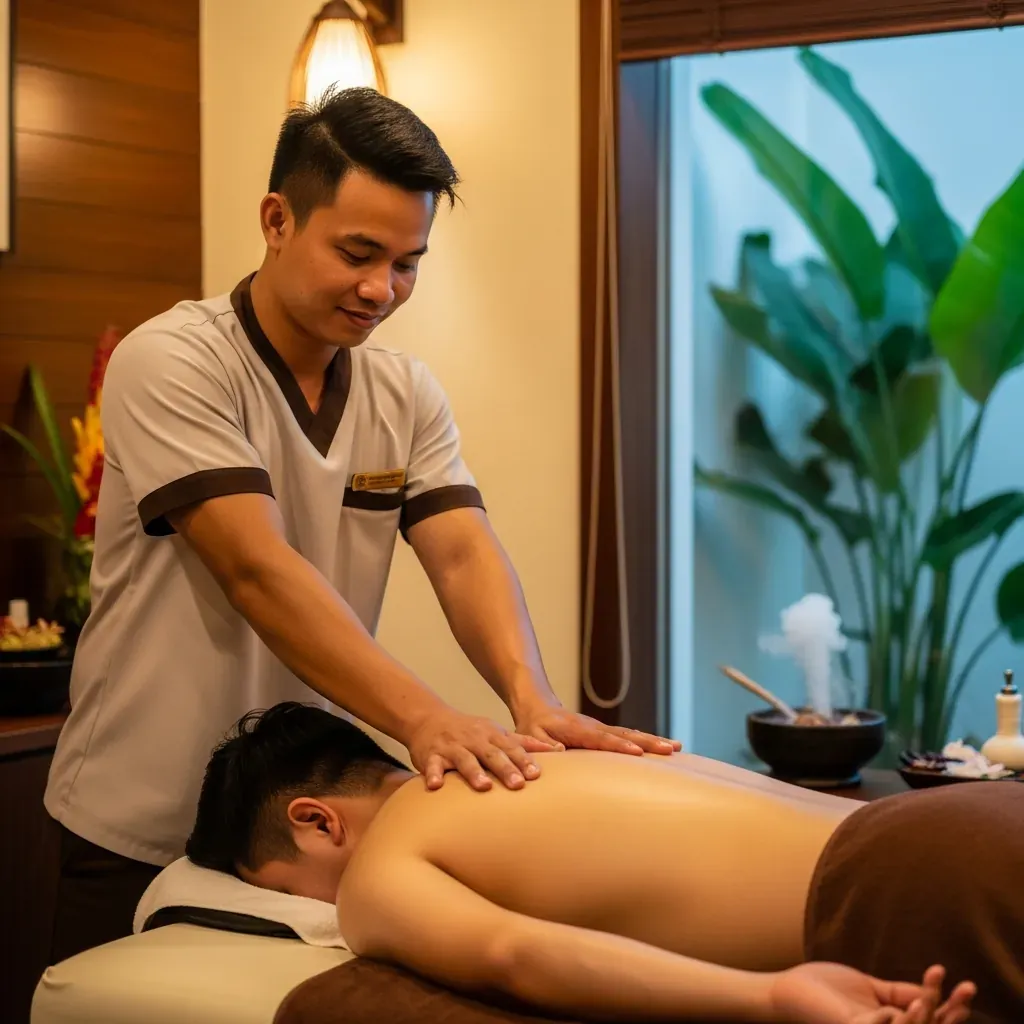 Kỹ thuật viên nam người Việt đang thực hiện massage trị liệu cho khách nam tại Clover Spa.