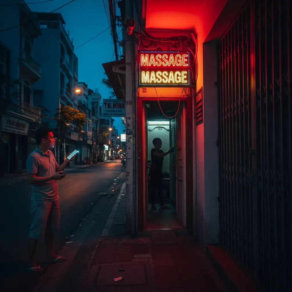 Người đàn ông Việt Nam cảnh giác trước cửa tiệm massage không rõ ràng vào buổi tối.
