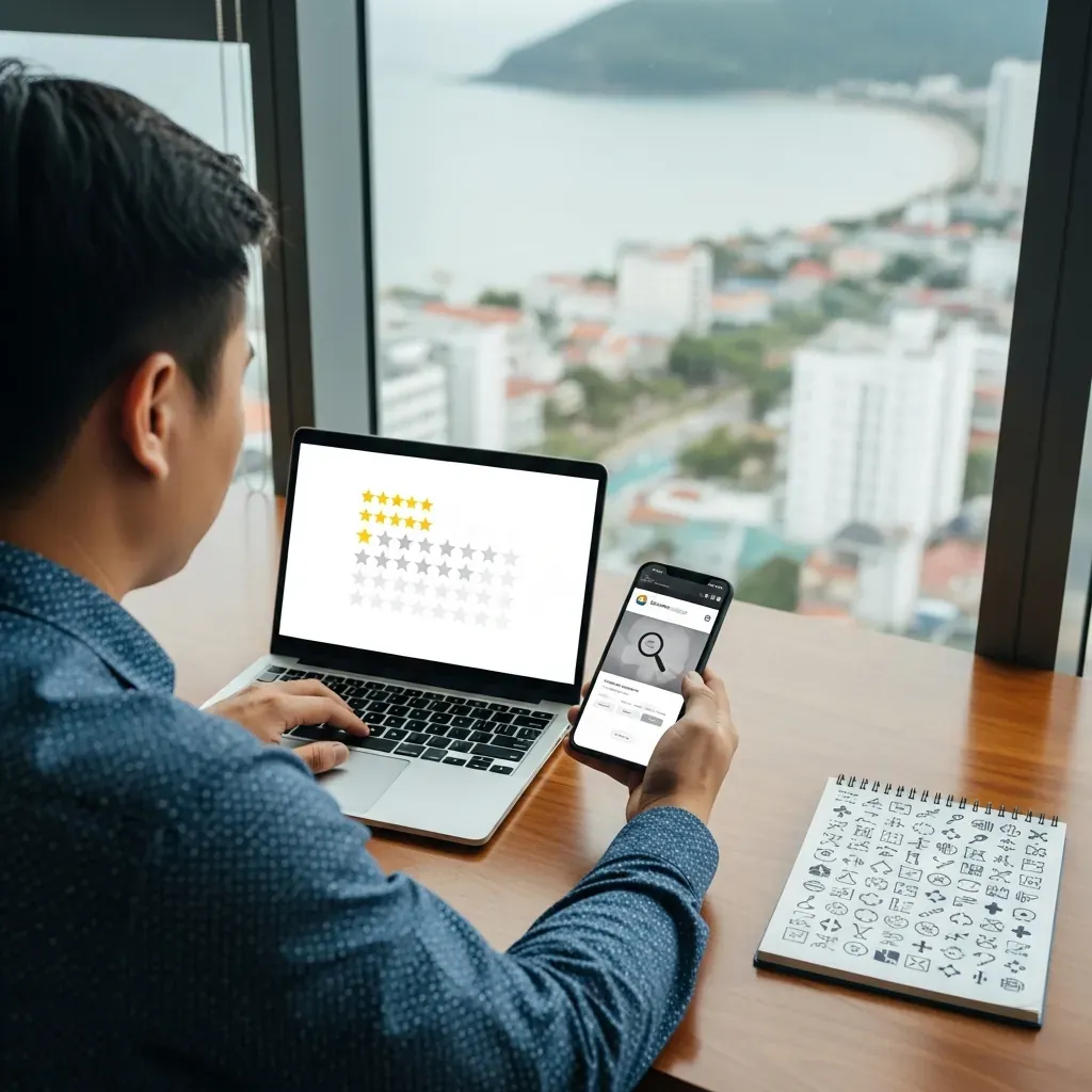 Người đàn ông Việt Nam kiểm tra đánh giá spa trên laptop và điện thoại.