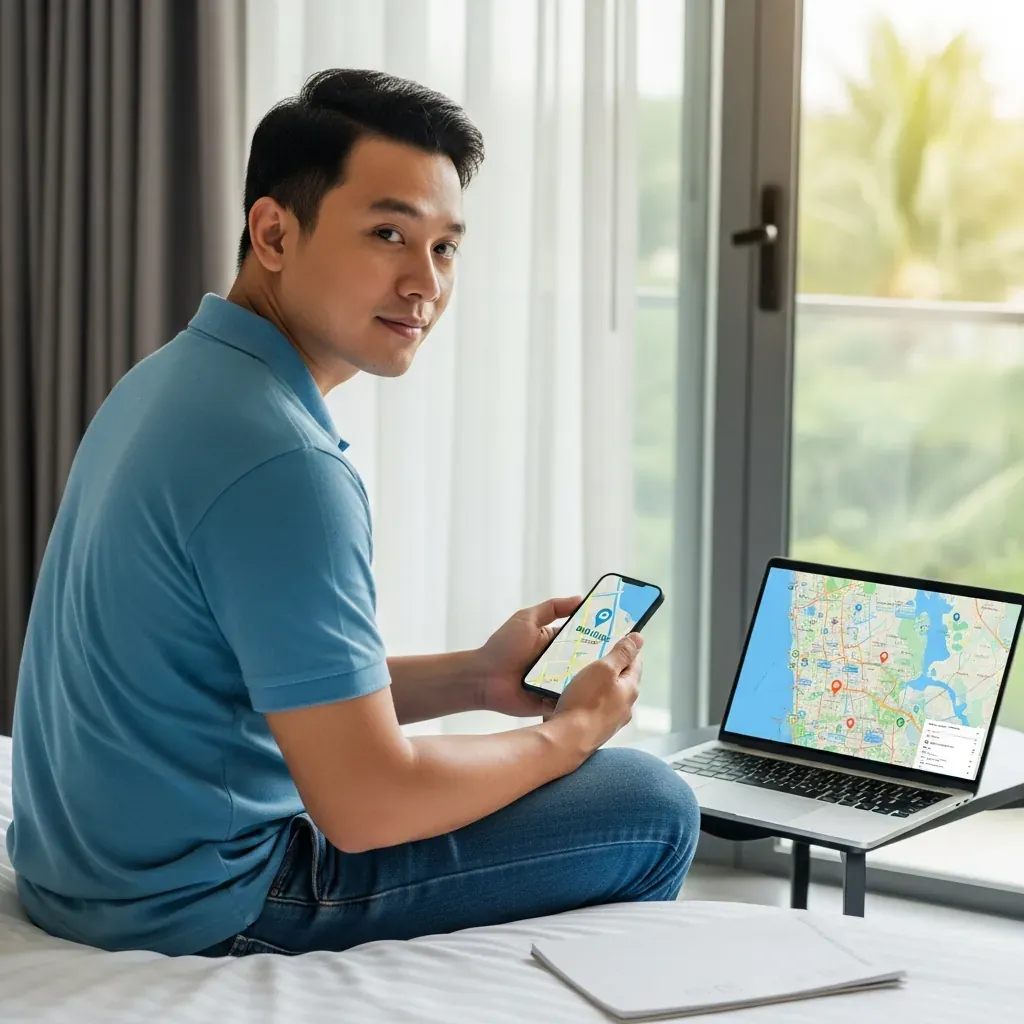 Người đàn ông Việt Nam kiểm tra thông tin spa trên laptop và điện thoại trong phòng khách sạn.