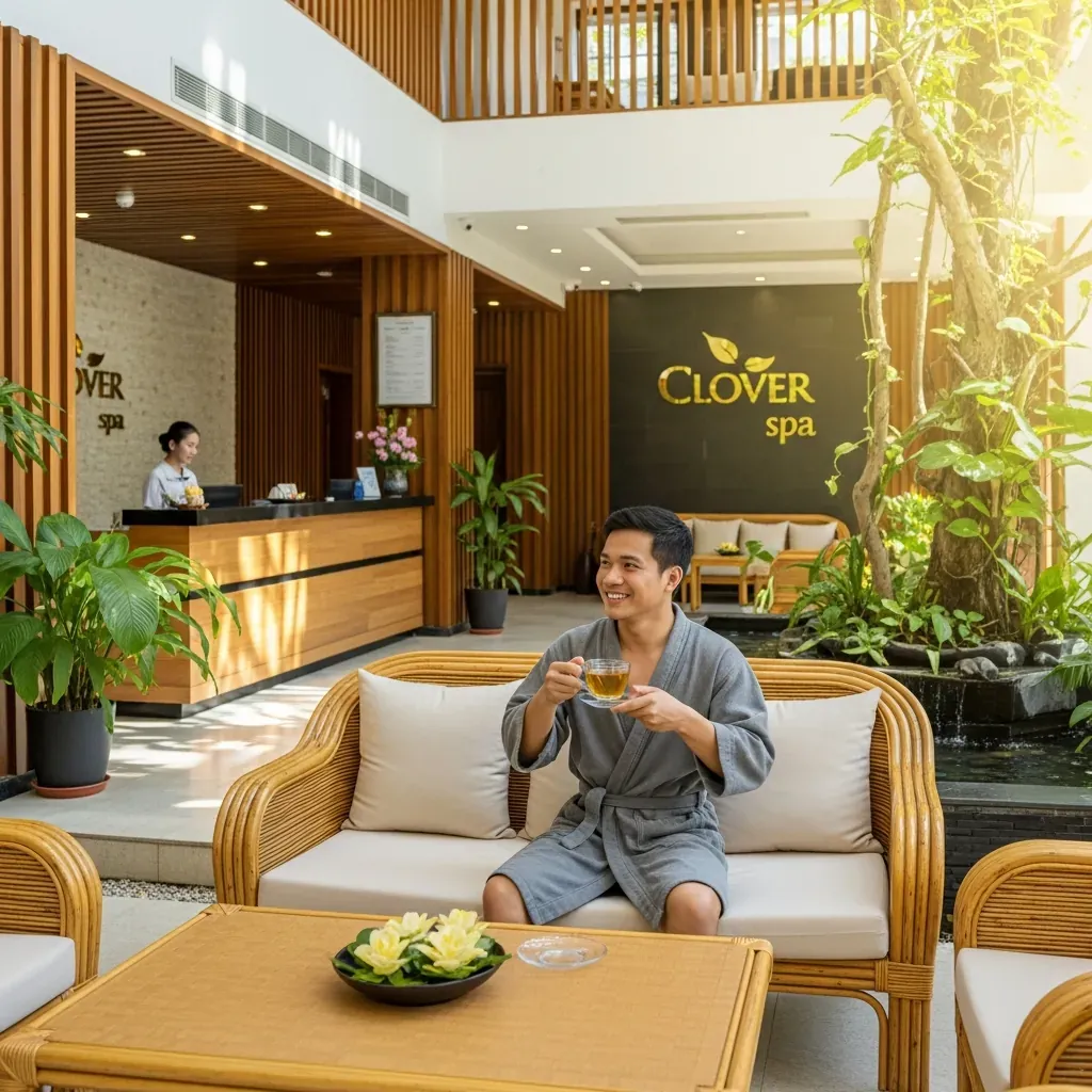 Người đàn ông Việt Nam thư giãn uống trà tại sảnh Clover Spa sau khi massage.