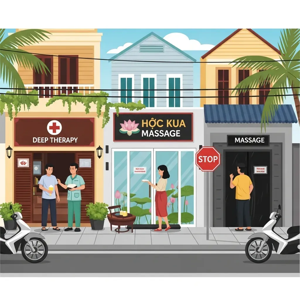 Ba người Việt Nam với nhu cầu massage khác nhau chọn lựa: trị liệu, thư giãn, và cảnh báo trước cơ sở công nghiệp.