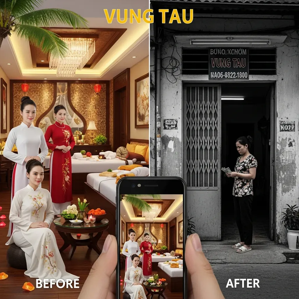 Hình ảnh đối lập giữa quảng cáo ảo lung linh của một cơ sở massage với thực tế tăm tối, trao tiền ở con hẻm Vũng Tàu.