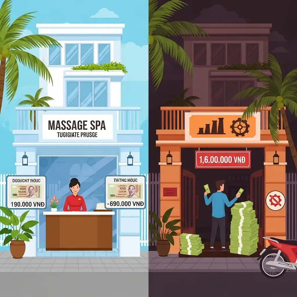 Hình minh họa so sánh hai mô hình massage: bên trái là spa chân chính sạch sẽ, giá hợp lý; bên phải là cơ sở massage công nghiệp tối tăm, chi phí cao gấp nhiều lần.