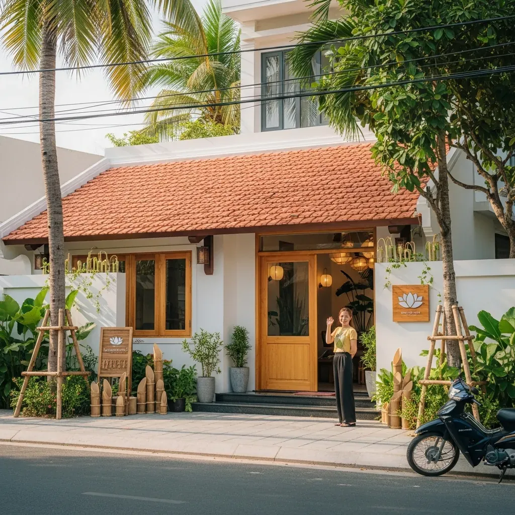 Mặt tiền một spa chân chính tại Vũng Tàu với kiến trúc Việt Nam truyền thống và nhân viên thân thiện.