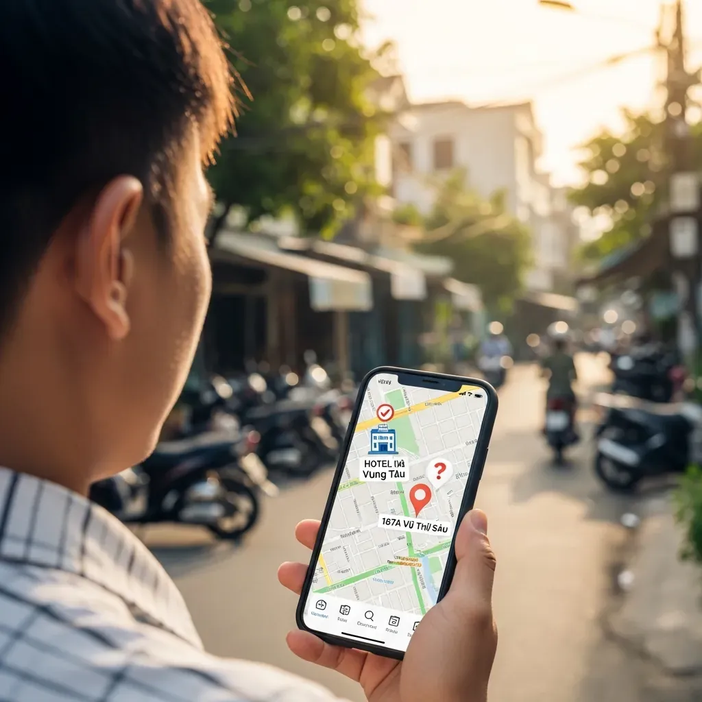 Một người đàn ông Việt Nam kiểm tra bản đồ trên điện thoại tại Vũng Tàu, với hai địa điểm được đánh dấu: một đã xác minh, một còn nghi vấn.