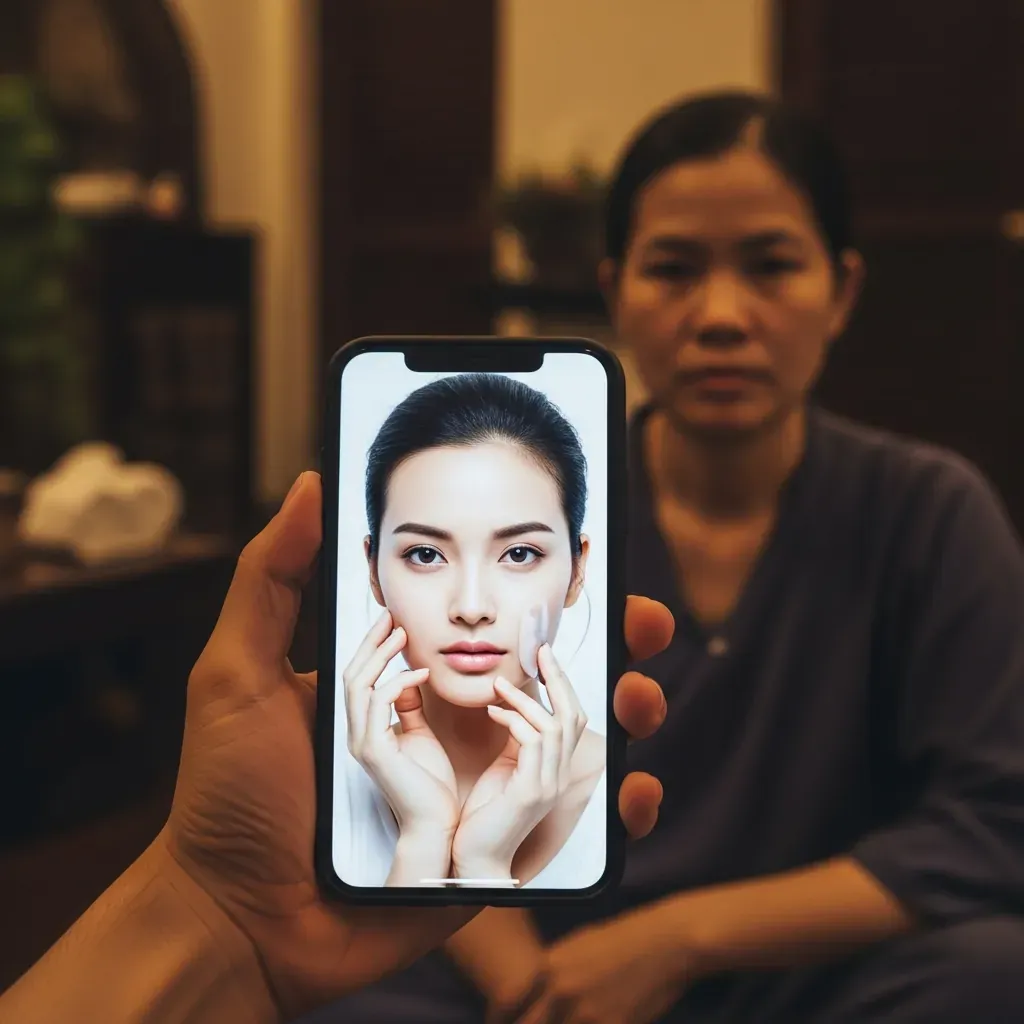 So sánh ảnh giả trên điện thoại với người thật bên ngoài, phơi bày chiêu trò quảng cáo ảo.