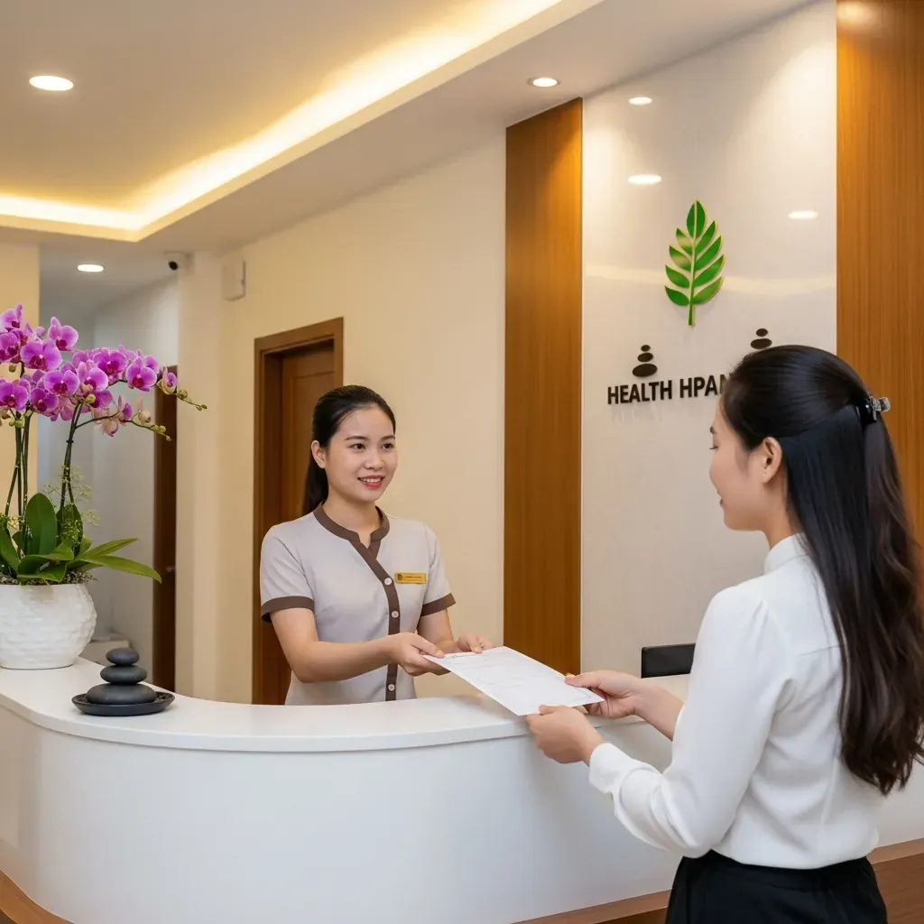 Khu vực lễ tân của một spa hiện đại tại Hà Nội, nhân viên người Việt đón tiếp khách nữ, tay cầm phiếu sức khỏe trống.