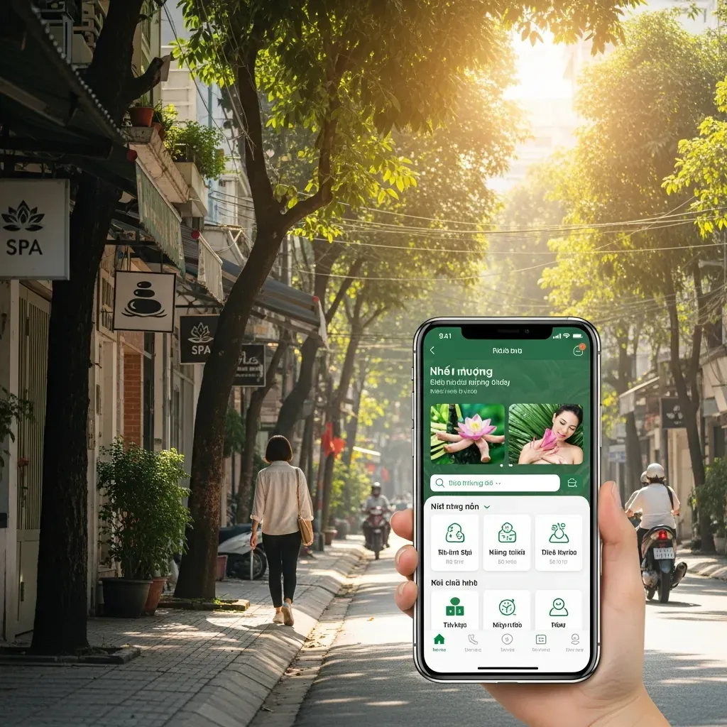 Khung cảnh đường phố quận Hai Bà Trưng nhộn nhịp với người đi bộ và xe máy, cây xanh nhiệt đới, phía xa là các ngôi nhà ống có biểu tượng spa.