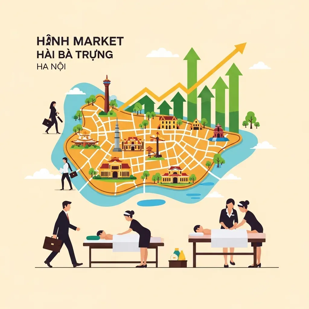 Minh họa đồ họa phẳng về thị trường massage với biểu đồ tăng trưởng, bản đồ quận Hai Bà Trưng và hình bóng người dân văn phòng cùng kỹ thuật viên.