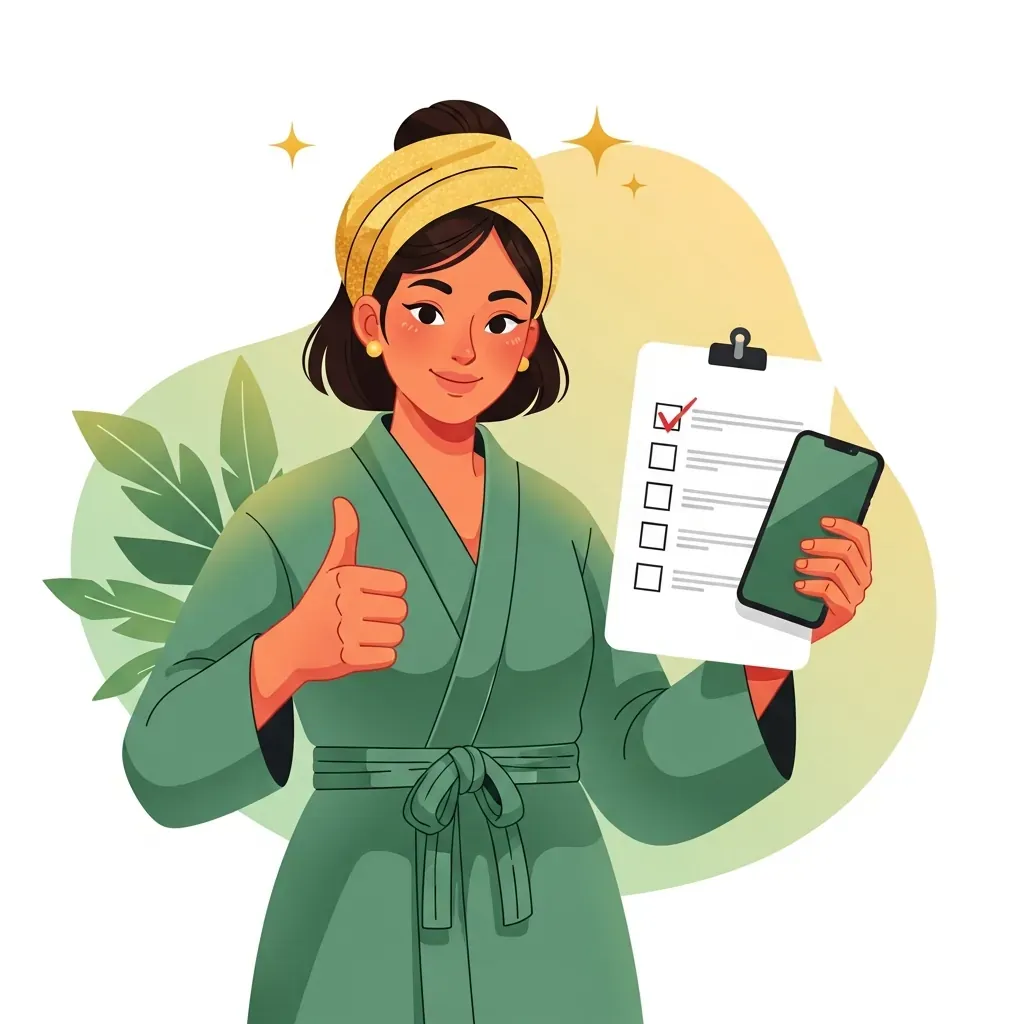 Minh họa một phụ nữ Việt Nam tươi cười giơ ngón tay cái, tay còn lại cầm danh sách gạch đầu dòng trống và điện thoại.