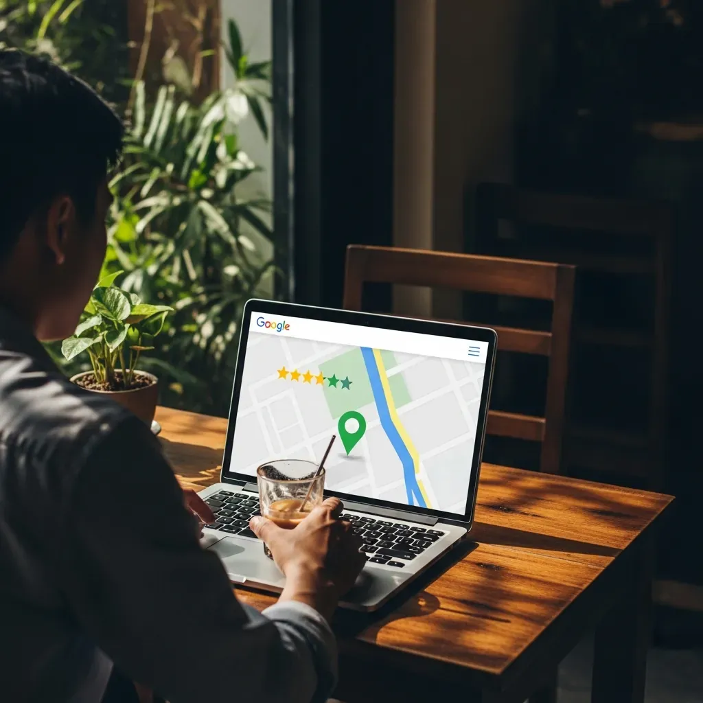 Người đàn ông Việt Nam ngồi quán cà phê, mở laptop xem đánh giá Google Maps của một spa, với hình ngôi sao và ghim bản đồ.