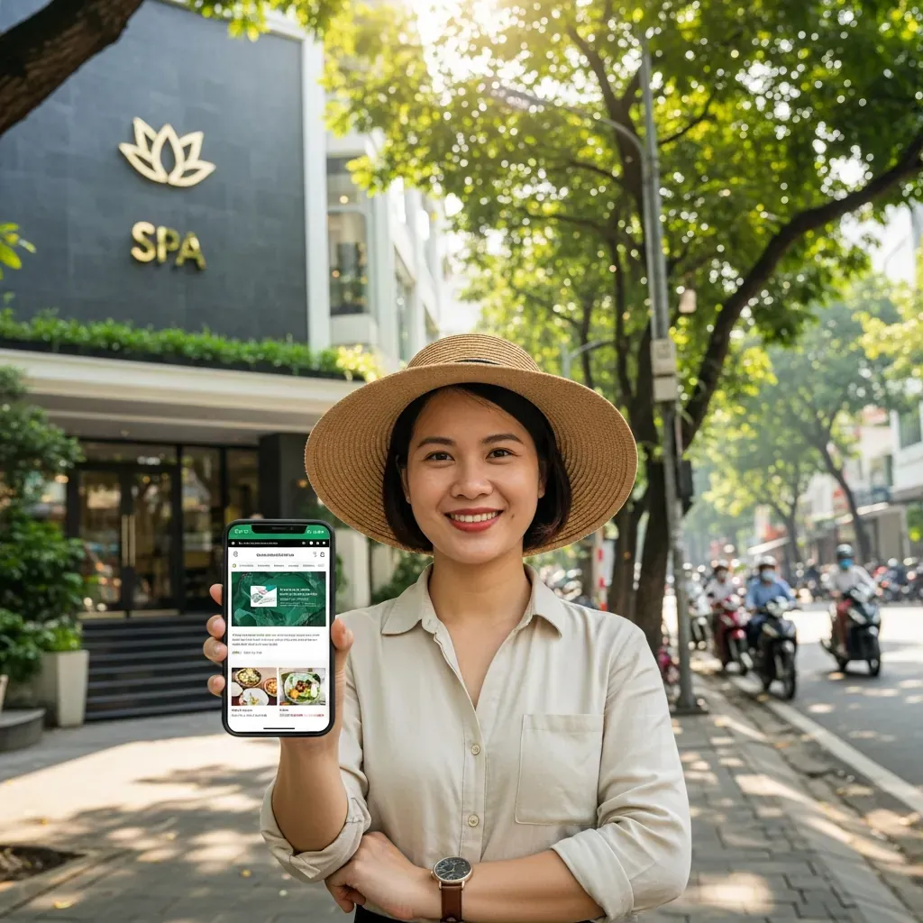 Người phụ nữ Việt đứng trước một spa, dùng điện thoại tra cứu giấy phép trên website Sở Y tế, thể hiện sự chủ động kiểm tra.