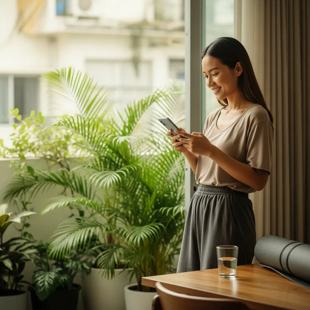 Người phụ nữ Việt Nam mặc quần áo rộng rãi, đang xem điện thoại trong căn hộ ngập tràn ánh sáng nhiệt đới, trên bàn có ly nước và thảm tập yoga.
