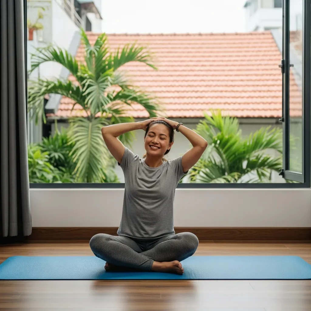 Người phụ nữ Việt Nam tập giãn cơ cổ tại nhà, bên cửa sổ nhìn ra mái ngói đỏ và cây cối nhiệt đới.