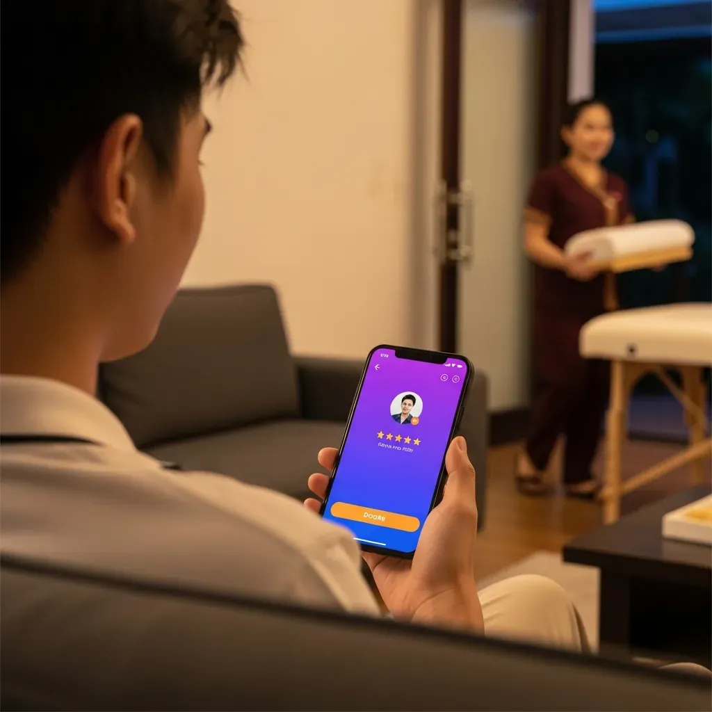 Người trẻ tuổi Việt Nam đang dùng ứng dụng Glow Vietnam trên điện thoại, phía sau là kỹ thuật viên massage mang bàn đến tận nhà.