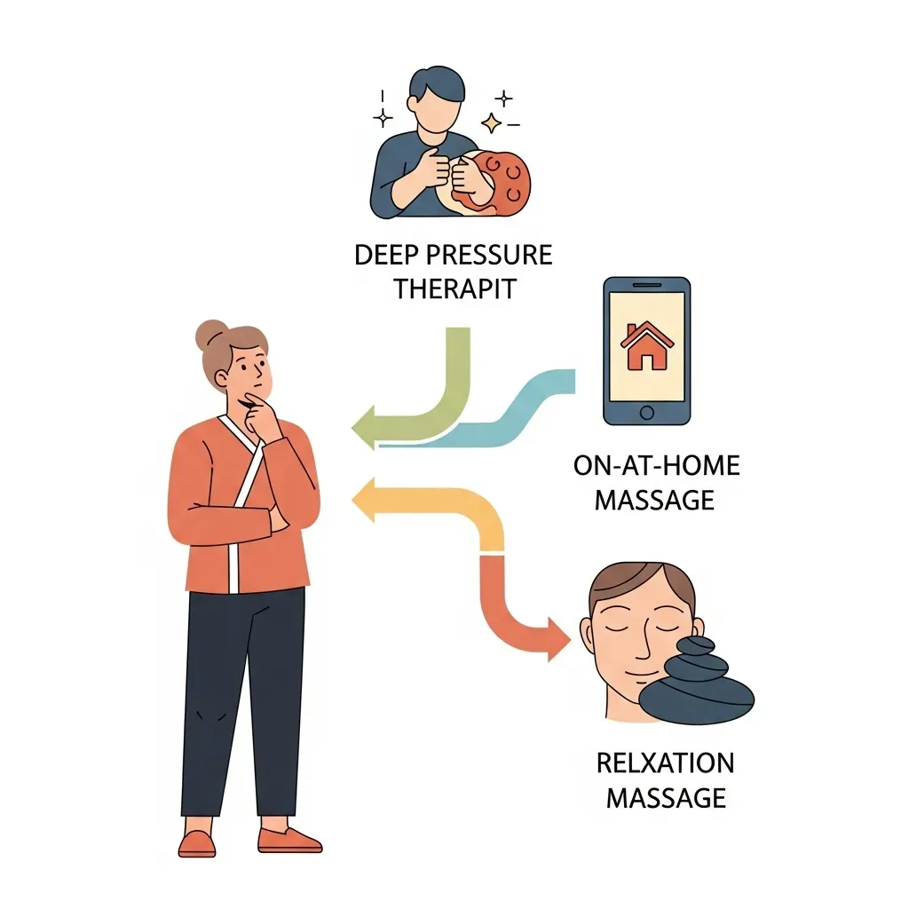 Sơ đồ cây quyết định chọn dịch vụ massage với hình người Việt làm trung tâm, kết nối đến ba biểu tượng: đôi bàn tay ấn huyệt, điện thoại có biểu tượng ngôi nhà, và khuôn mặt thư giãn.