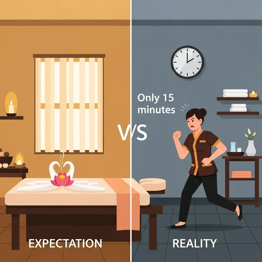 Hình minh họa so sánh giữa kỳ vọng (phòng massage thư giãn) và thực tế (đồng hồ điểm 15 phút và kỹ thuật viên vội vã).