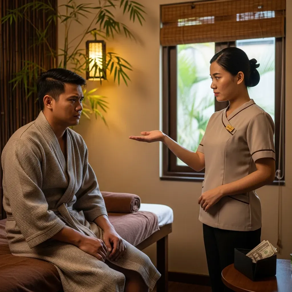 Một khách hàng nam đang bối rối khi bị kỹ thuật viên yêu cầu tip giữa buổi massage.