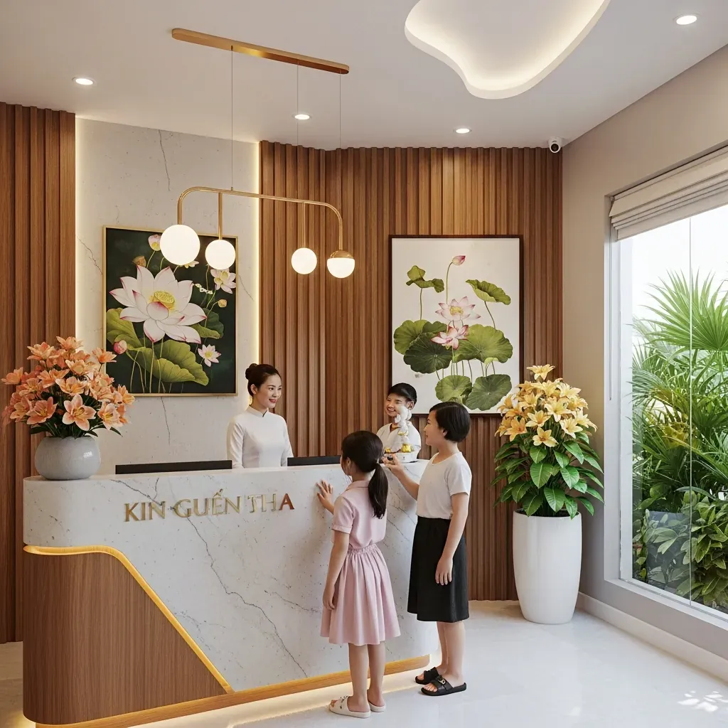 Quầy lễ tân của một spa cao cấp ở Nha Trang, nhân viên áo dài chào đón khách.