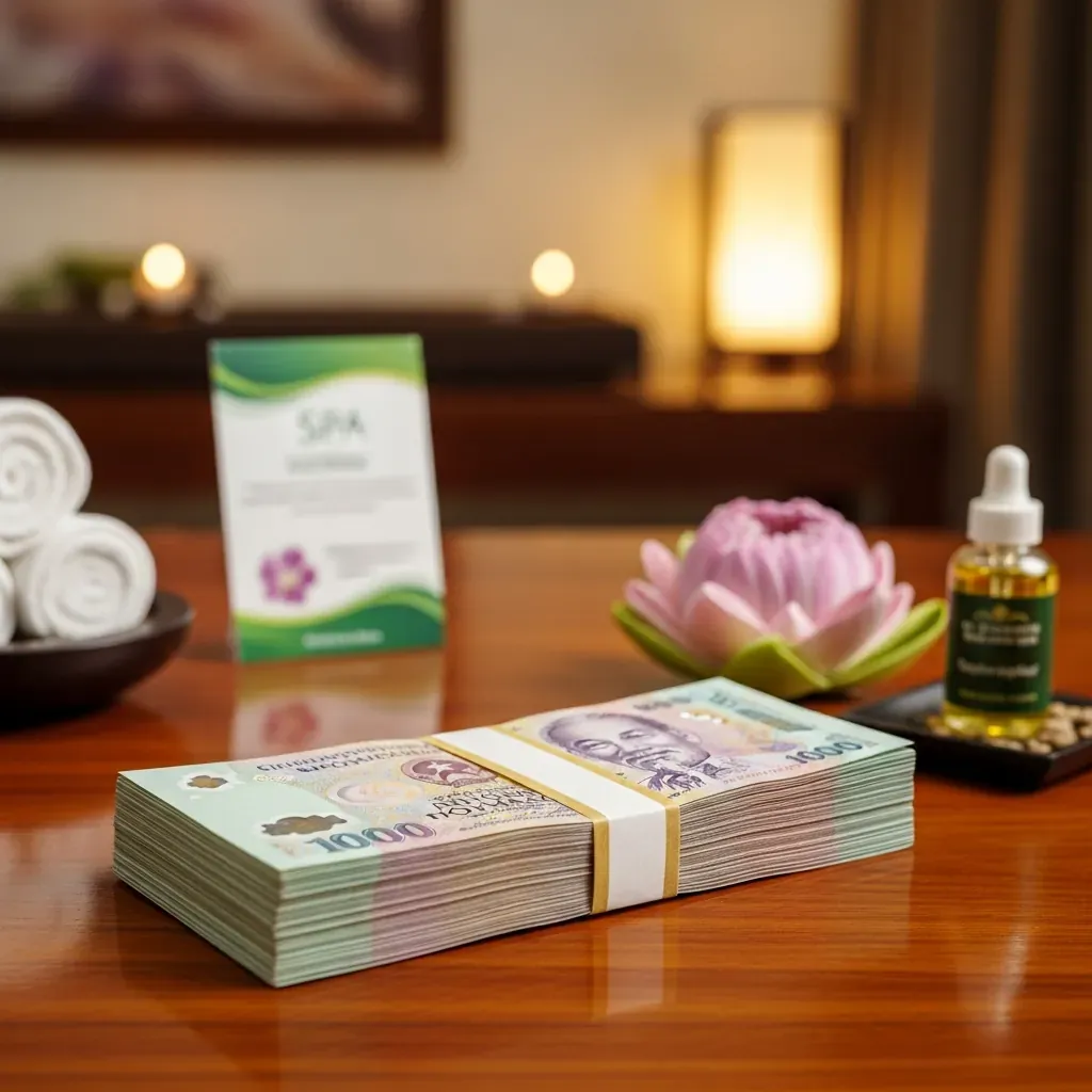 Tiền Việt Nam đồng được đặt trên bàn gỗ trong không gian spa, bên cạnh hoa sen.