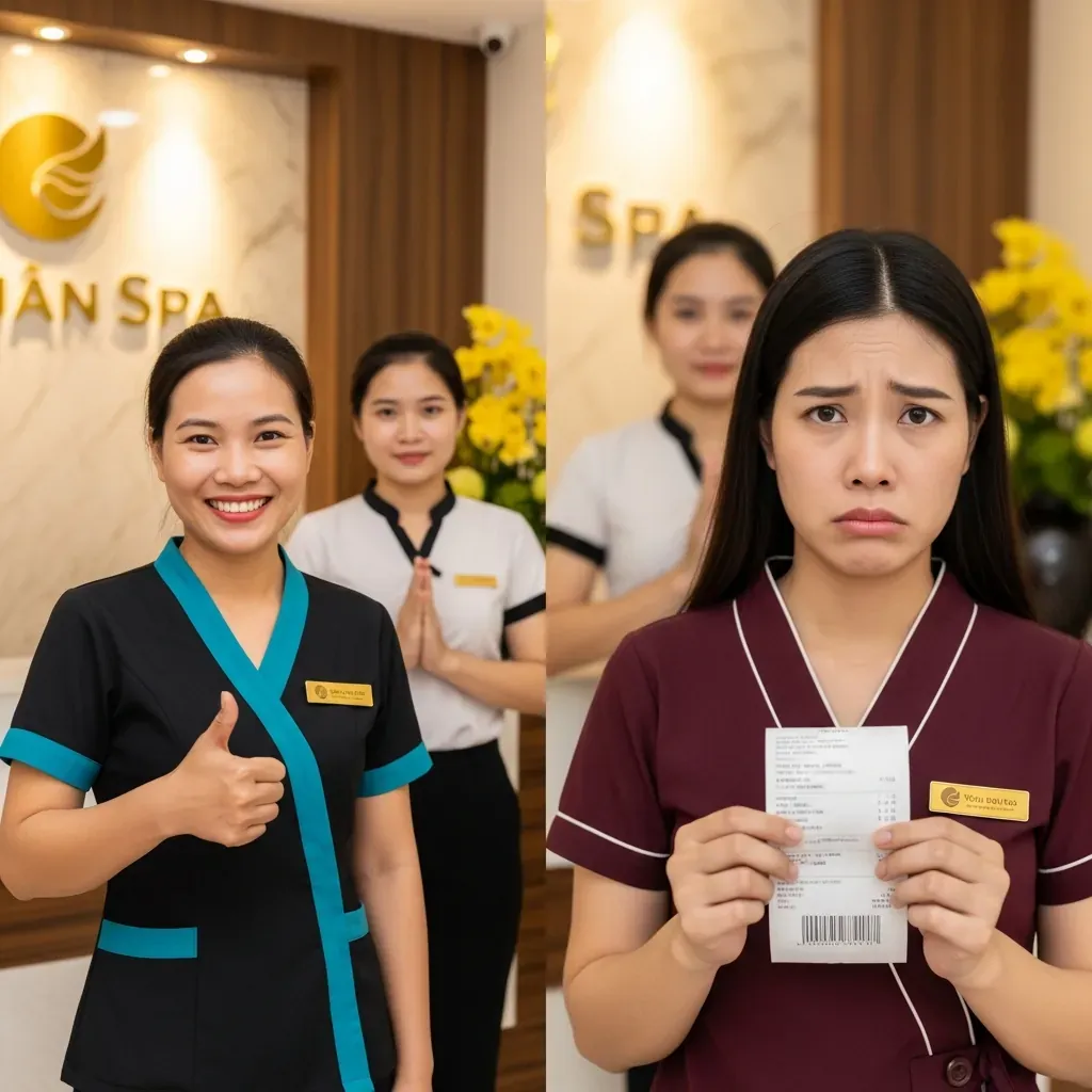 Khách hàng hài lòng và không hài lòng tại quầy lễ tân spa.