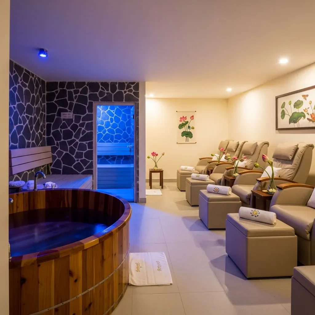Không gian phòng xông hơi và khu vực chăm sóc chân tại Massage Hoa Sen.