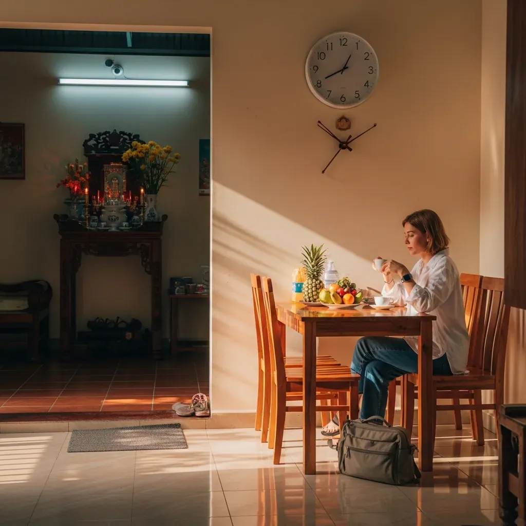 Người phụ nữ chuẩn bị đồ dùng và ăn nhẹ trước khi đi spa.
