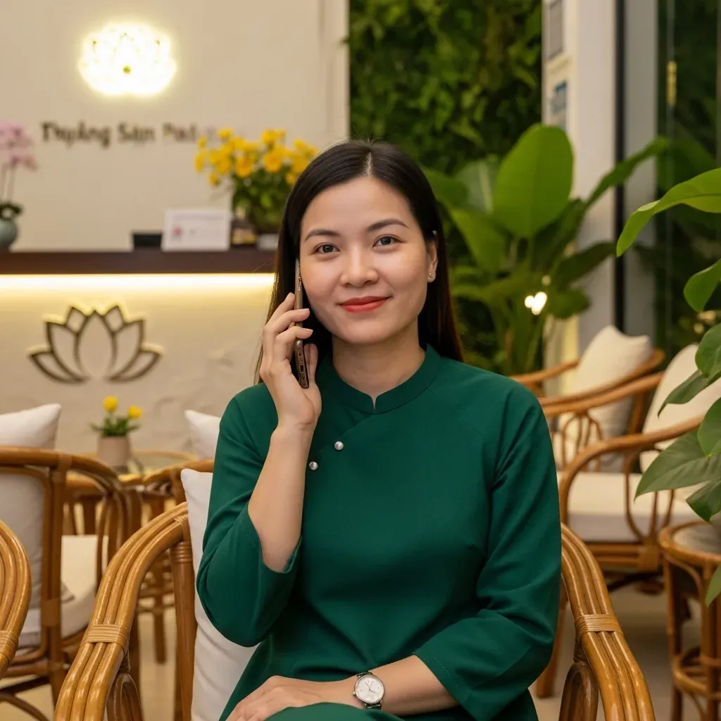 Người phụ nữ Việt đang gọi điện đặt lịch tại khu chờ của spa.