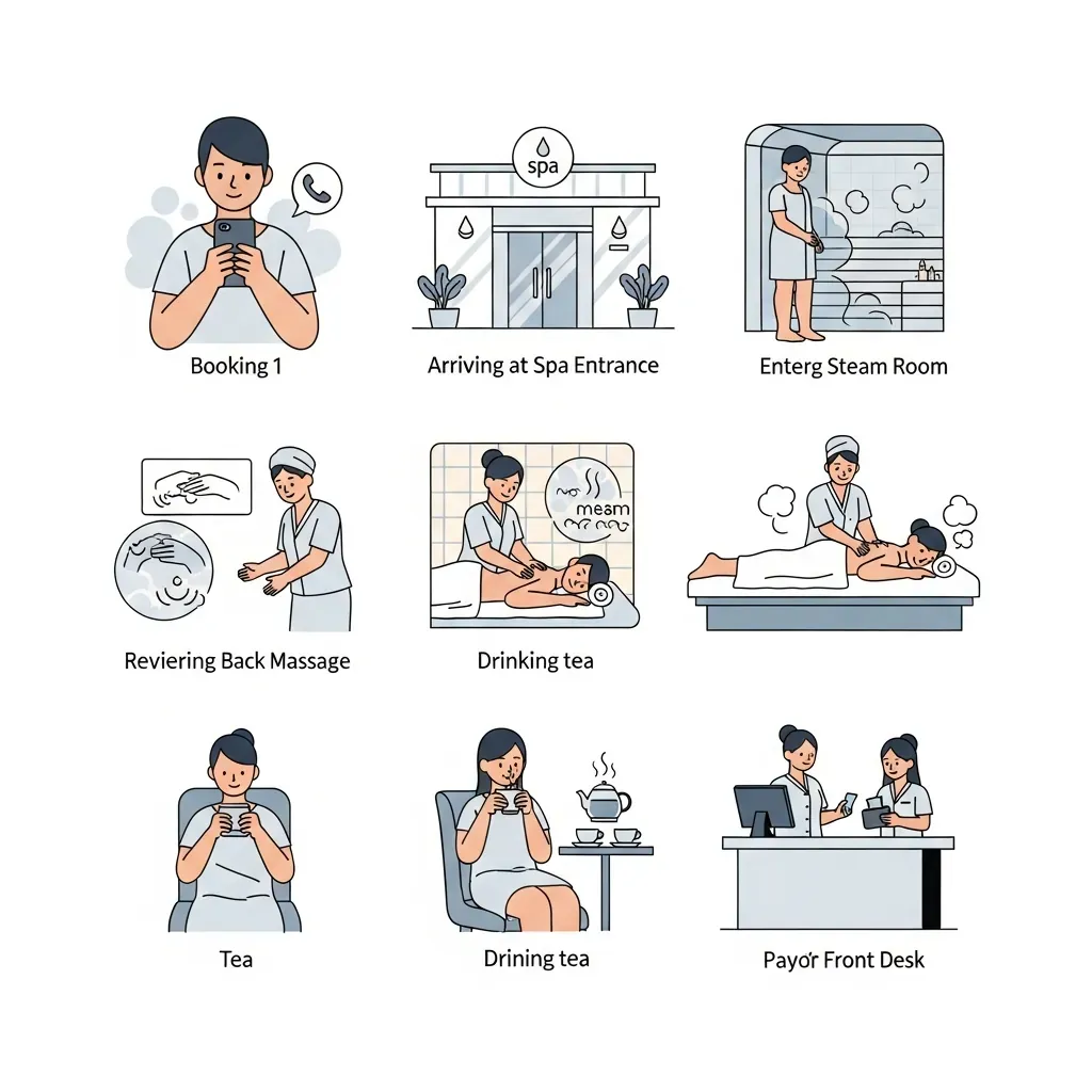Sơ đồ minh họa các bước trải nghiệm tại spa.