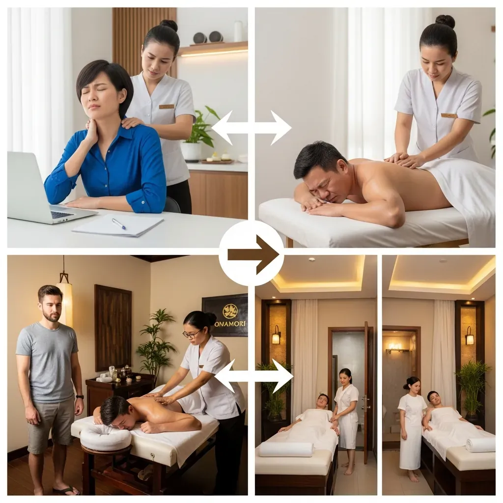 Bốn phân cảnh gợi ý loại massage cho từng đối tượng: nữ văn phòng, nam đau lưng, du khách quốc tế, cặp đôi.