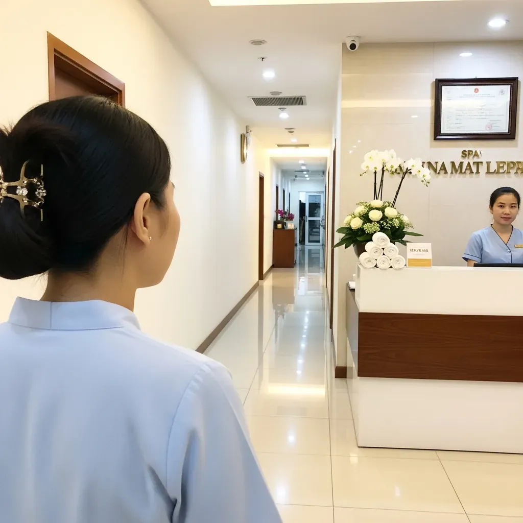 Khách kiểm tra sảnh spa sạch sẽ, có giấy phép treo tường và nhân viên đồng phục chuyên nghiệp.