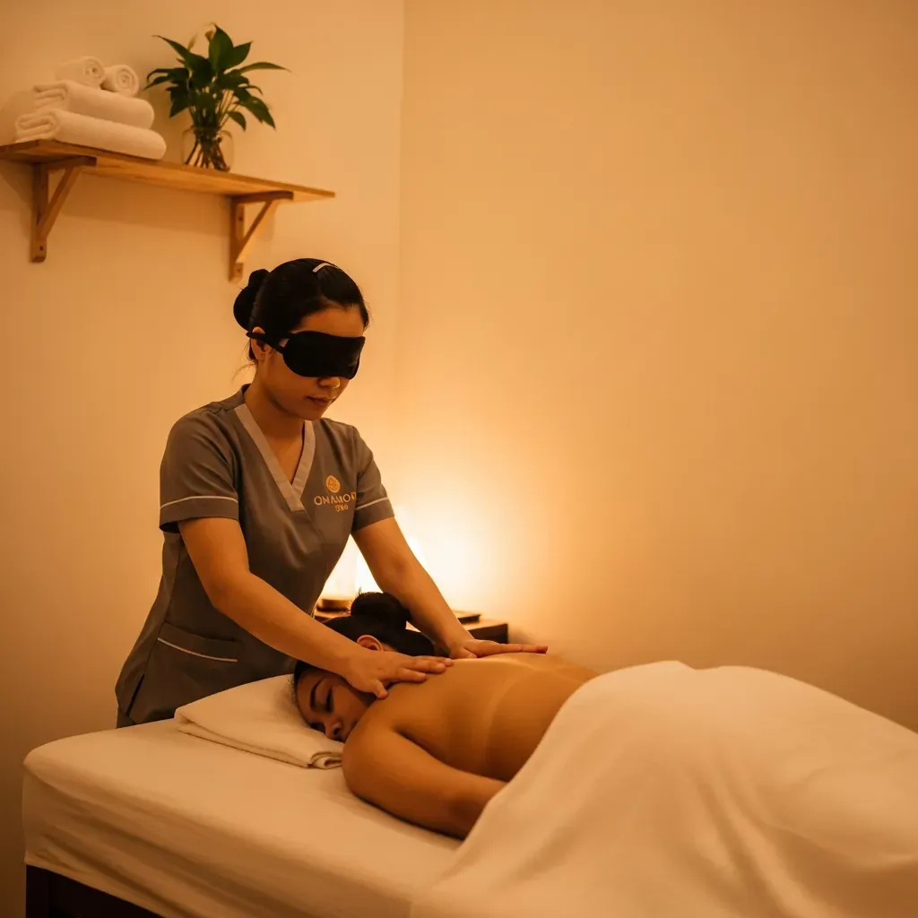 Kỹ thuật viên khiếm thị người Việt đang massage vai cho khách trong không gian ấm áp của Omamori Spa.