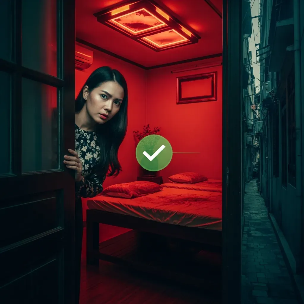 Người phụ nữ nhìn vào một tiệm massage tối tăm, bẩn thỉu và thiếu giấy phép – lời cảnh báo trực quan.