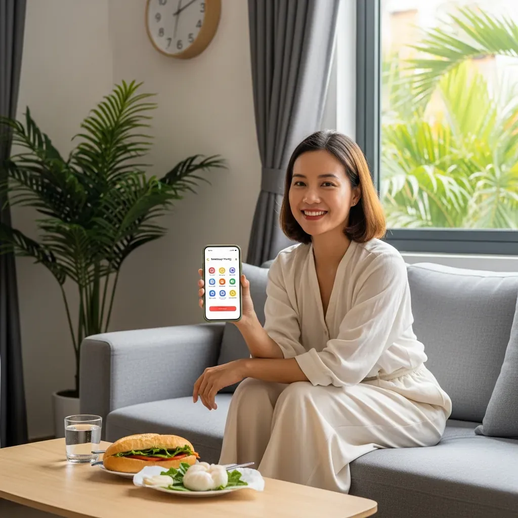Người phụ nữ Việt Nam mặc đồ thoải mái, cầm điện thoại đặt lịch massage với giao diện trực quan, bên cạnh bữa ăn nhẹ.