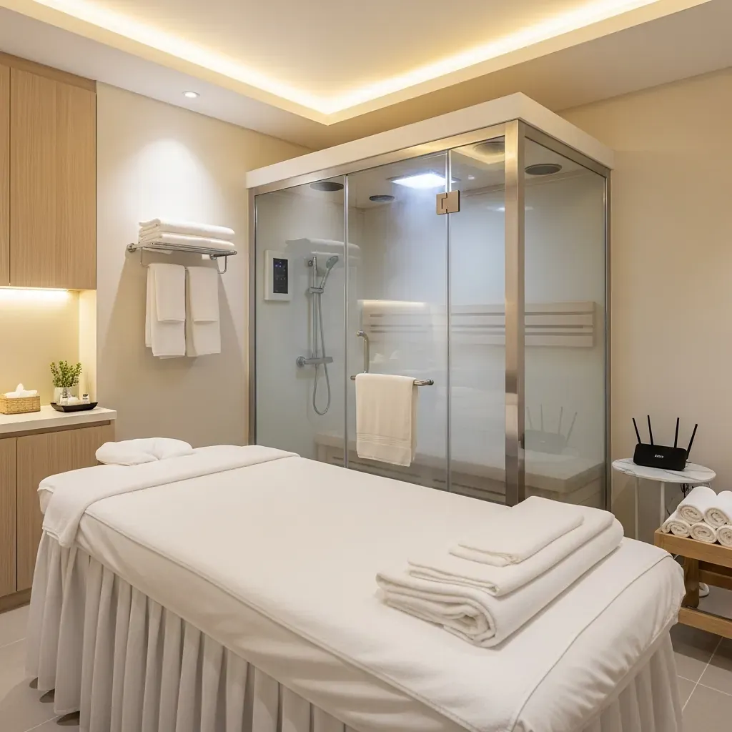 Phòng massage riêng sang trọng với bàn massage trắng, phòng xông hơi và khăn sạch.