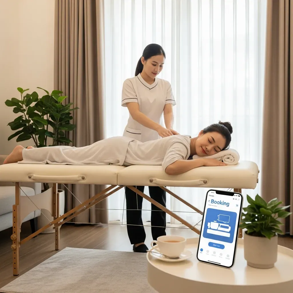 Phụ nữ Việt được kỹ thuật viên massage tại nhà, điện thoại bên cạnh hiển thị ứng dụng đặt lịch.