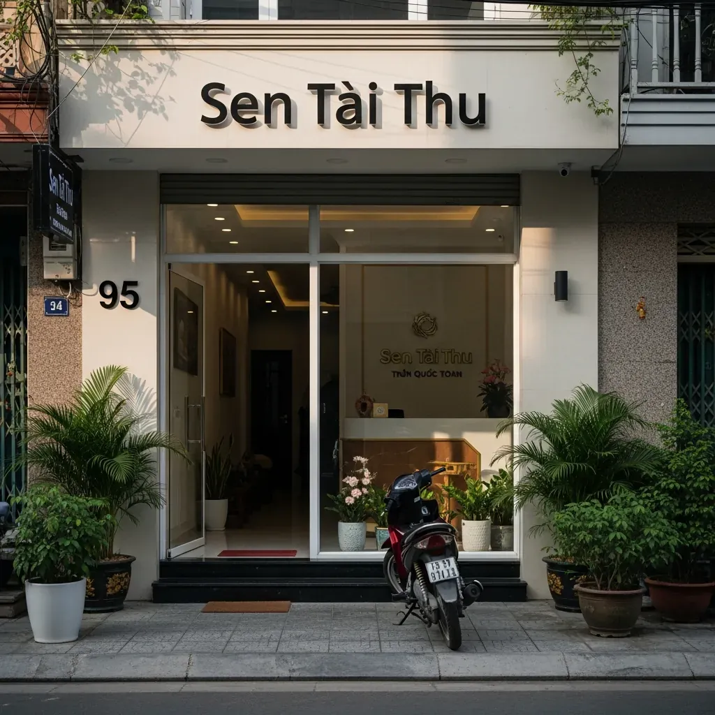 Toà nhà Sen Tài Thu nằm trên phố Trần Quốc Toản với mặt tiền hiện đại, sạch sẽ.
