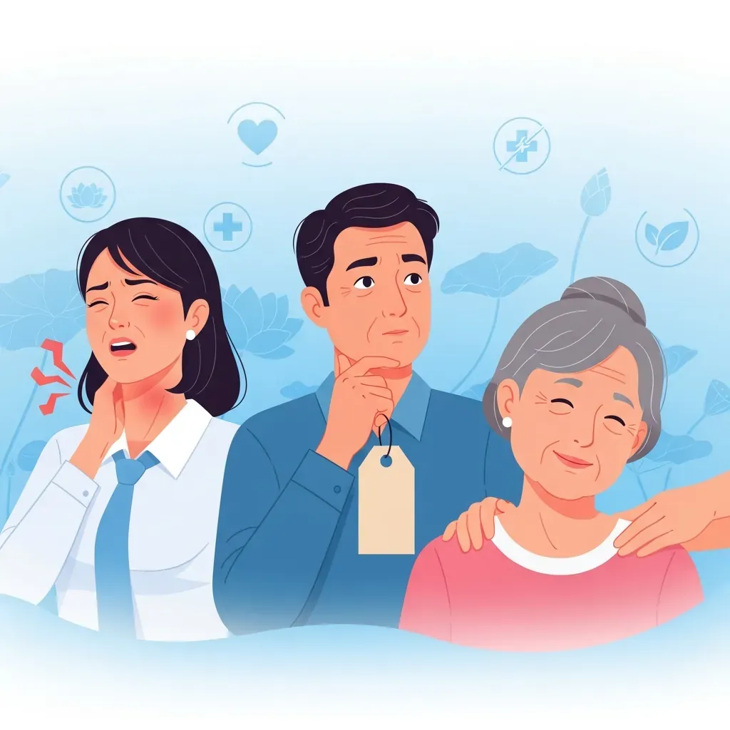 Ba nhân vật minh họa: dân văn phòng, người ngân sách thấp, người cao tuổi với nhu cầu massage khác nhau.