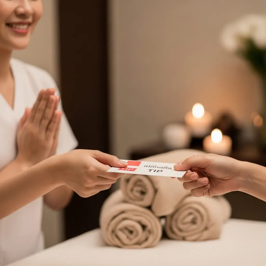 Bàn tay khách hàng đưa phong bì tip nhỏ cho kỹ thuật viên, cả hai mỉm cười.