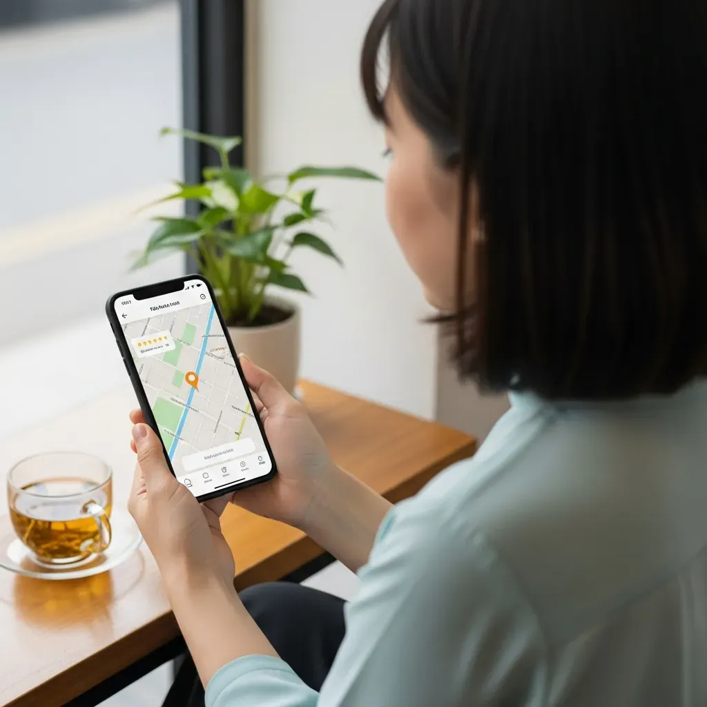 Cảnh quay qua vai một phụ nữ người Việt đang xem bản đồ và đánh giá trên điện thoại.