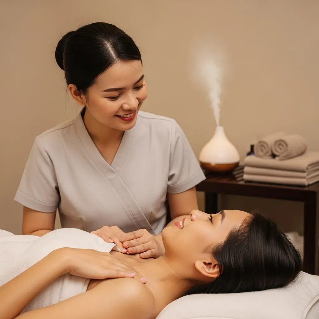 Khách nữ đang trao đổi với kỹ thuật viên massage về mức lực tác động.