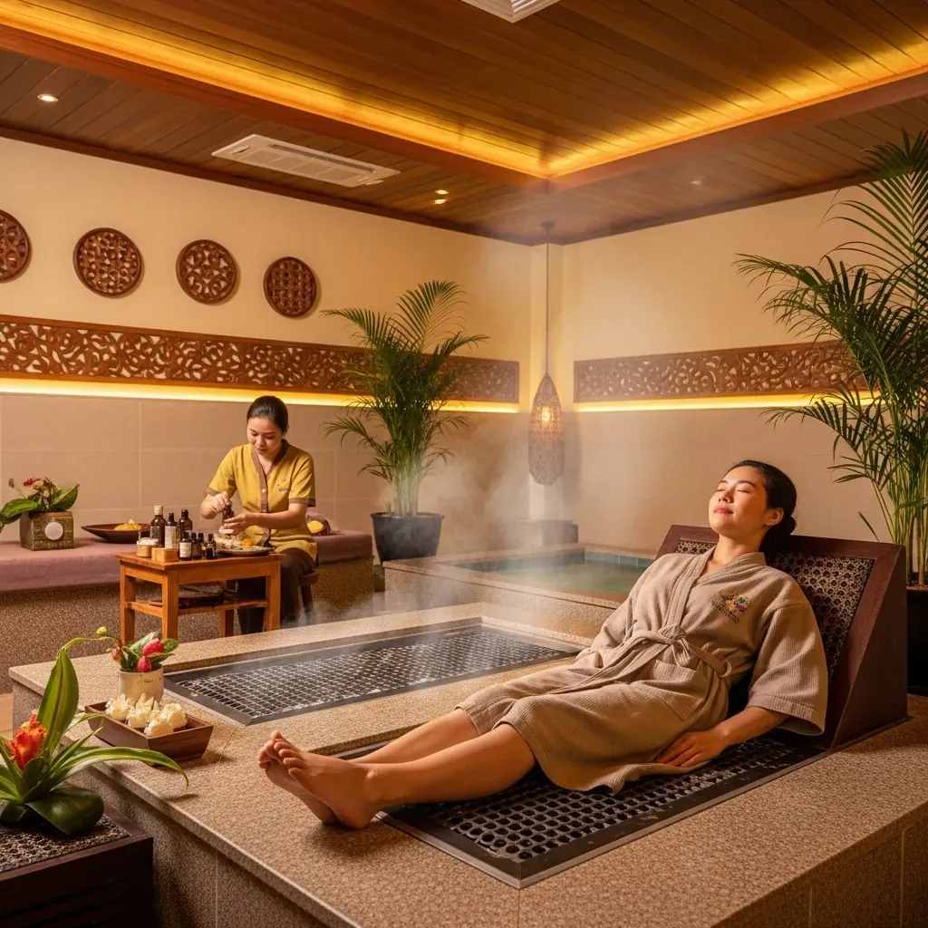 Không gian xông hơi jjim jil bang Hàn Quốc trong một spa tại Hà Nội, khách nữ thư giãn.