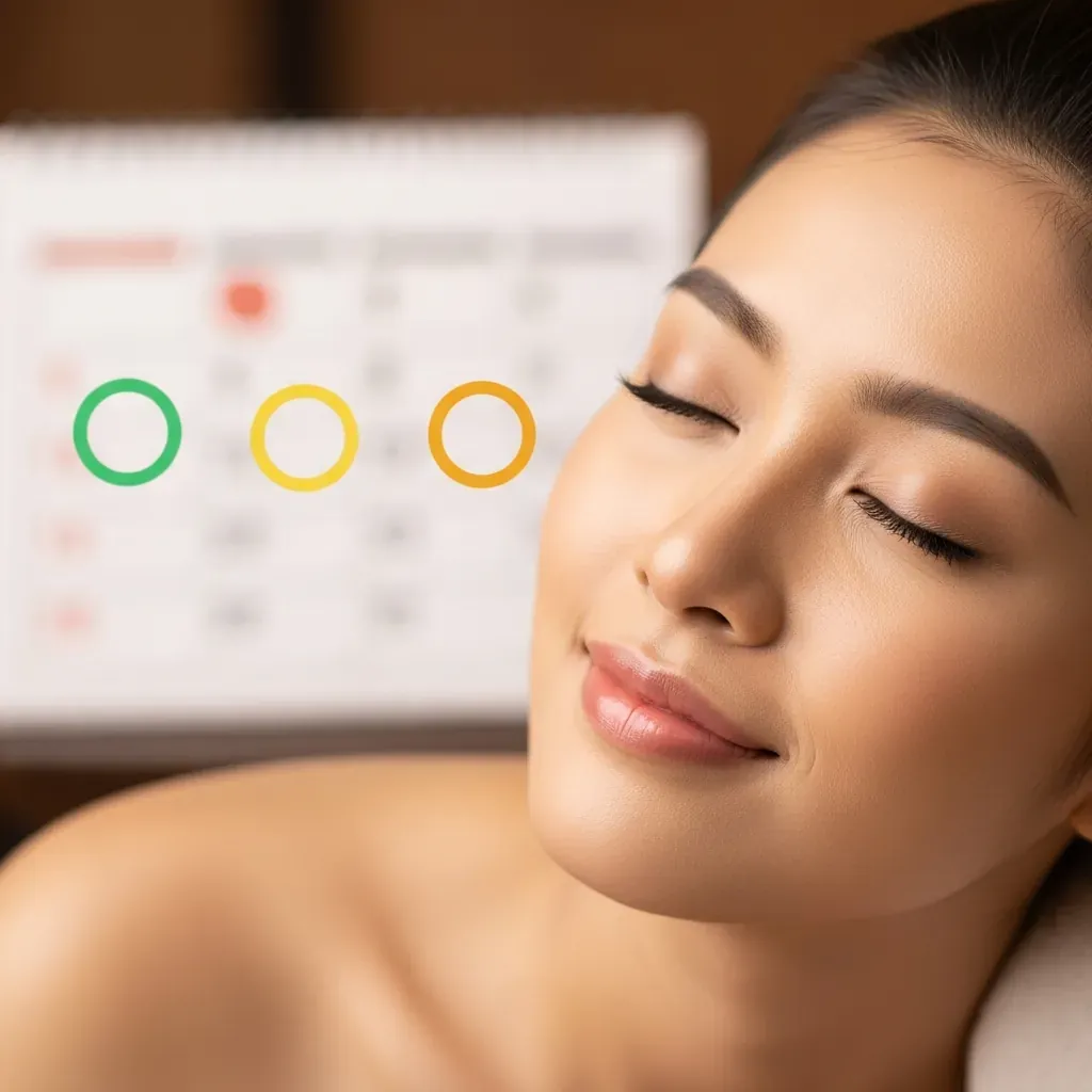 Khuôn mặt thư thái của một phụ nữ Việt Nam sau liệu trình massage, nền có lịch mờ.