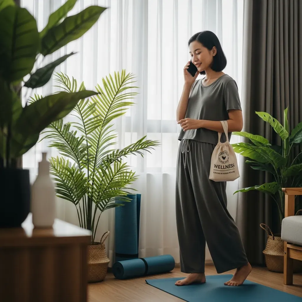 Một phụ nữ Việt Nam đang chuẩn bị đồ đạc trước khi đi spa, kiểm tra điện thoại.