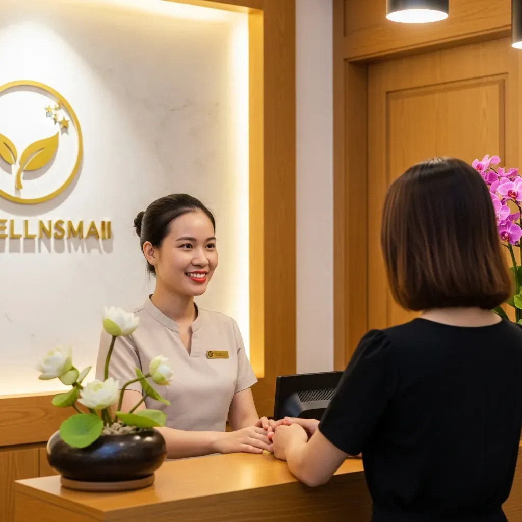 Nhân viên lễ tân spa chào đón khách nữ tại quầy tiếp tân hiện đại.